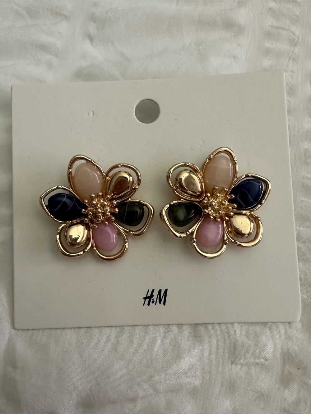 H&M Gold Flower Shaped Stud Earrings with Pink, Navy, Olive, Cream Accents